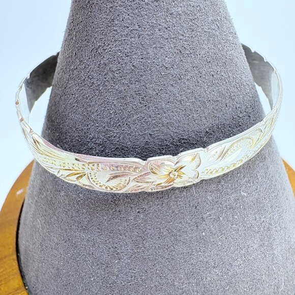 VTG Sterling Silver 925 Flower Scroll Design Bangle Bracelet Size 7.5" Fit - Picture 4 of 10